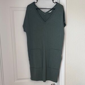 Loft Fleece Green V-Neck Dress with Pockets